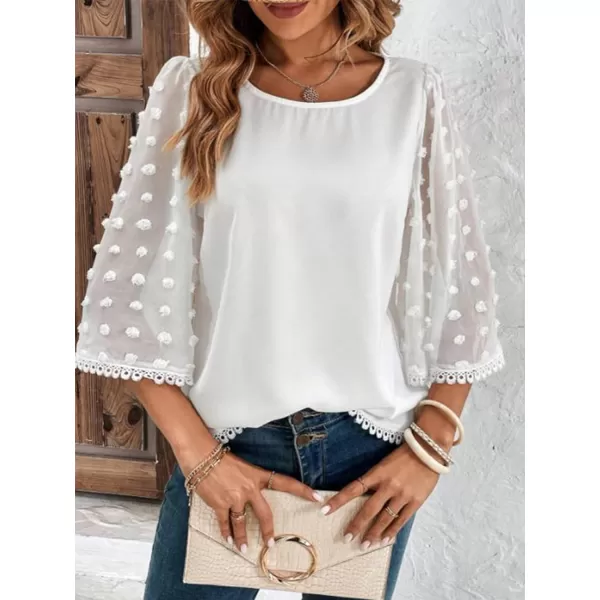 LYANER Women's Causal 3/4 Pom Pom Sleeve Shirt Top Crewneck Lace Bell Sleeve Loose Blouses