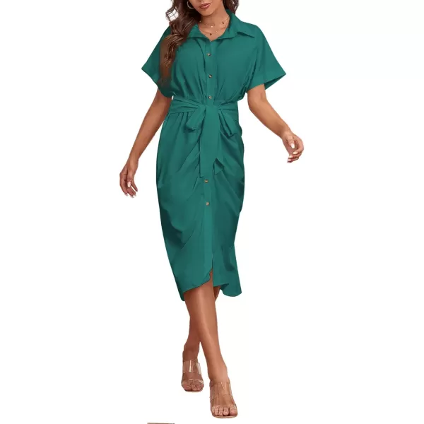 LYANER Women's Collar Button Down Ruched Self Tie Short Sleeve Midi Dress