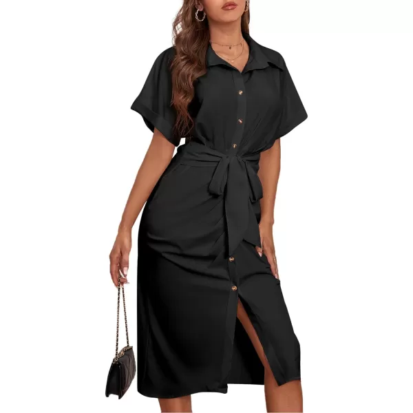 LYANER Women's Collar Button Down Ruched Self Tie Short Sleeve Midi Dress
