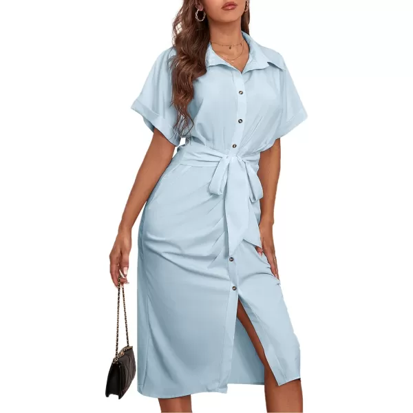 LYANER Women's Collar Button Down Ruched Self Tie Short Sleeve Midi Dress