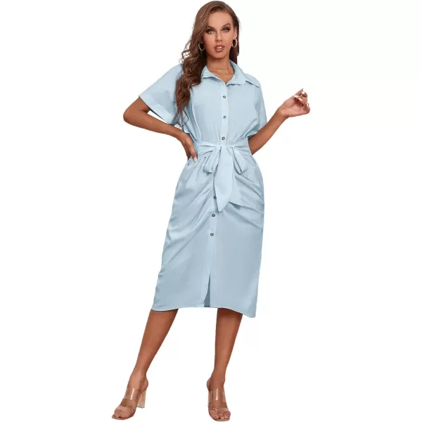 LYANER Women's Collar Button Down Ruched Self Tie Short Sleeve Midi Dress