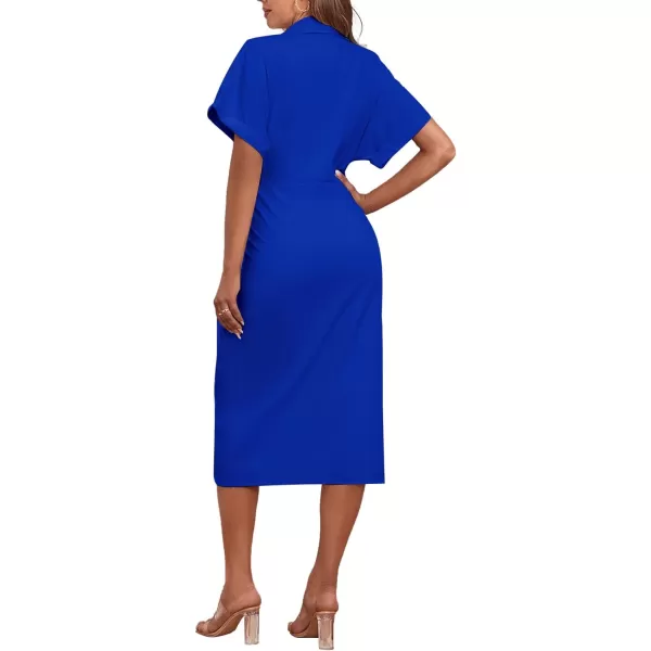 LYANER Women's Collar Button Down Ruched Self Tie Short Sleeve Midi Dress
