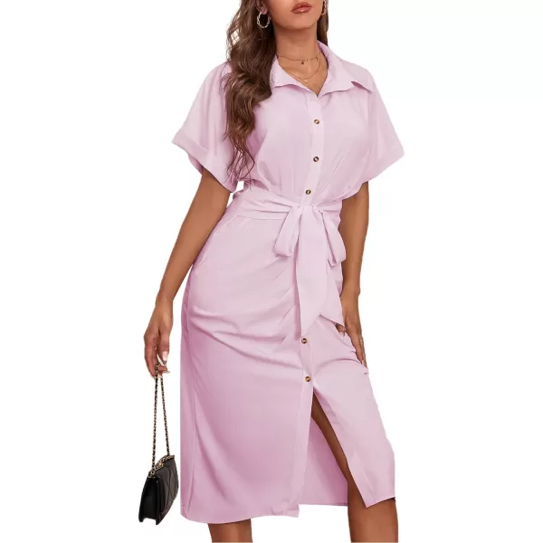 LYANER Women's Collar Button Down Ruched Self Tie Short Sleeve Midi Dress