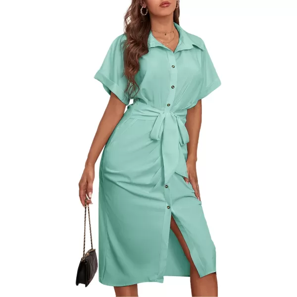LYANER Women's Collar Button Down Ruched Self Tie Short Sleeve Midi Dress