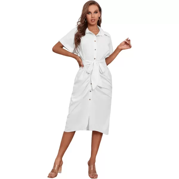 LYANER Women's Collar Button Down Ruched Self Tie Short Sleeve Midi Dress