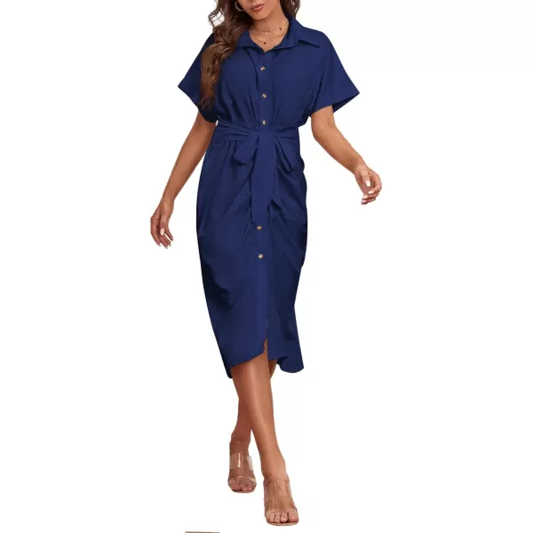 LYANER Women's Collar Button Down Ruched Self Tie Short Sleeve Midi Dress