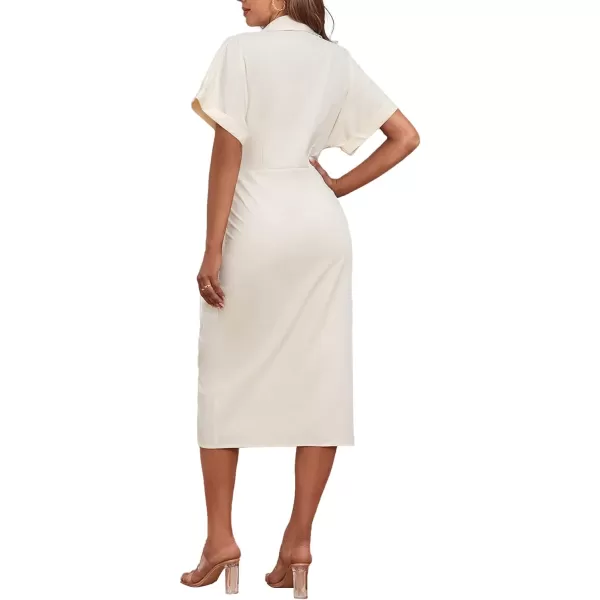 LYANER Women's Collar Button Down Ruched Self Tie Short Sleeve Midi Dress