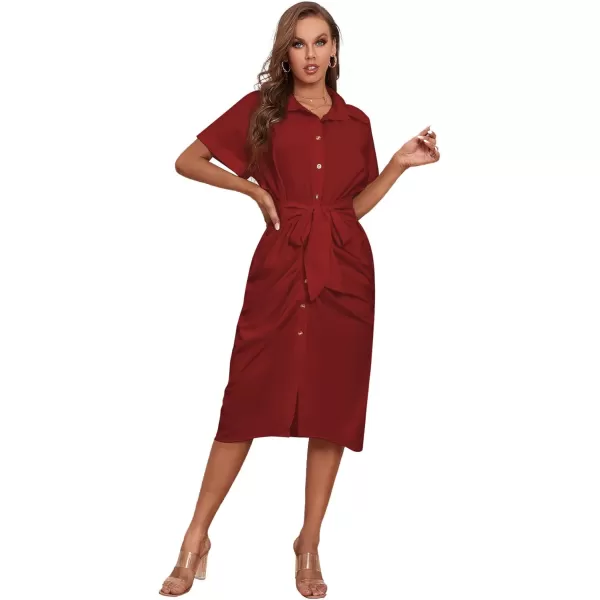 LYANER Women's Collar Button Down Ruched Self Tie Short Sleeve Midi Dress