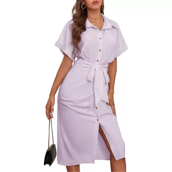 LYANER Women's Collar Button Down Ruched Self Tie Short Sleeve Midi Dress