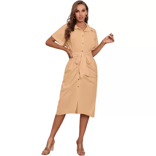 LYANER Women's Collar Button Down Ruched Self Tie Short Sleeve Midi Dress