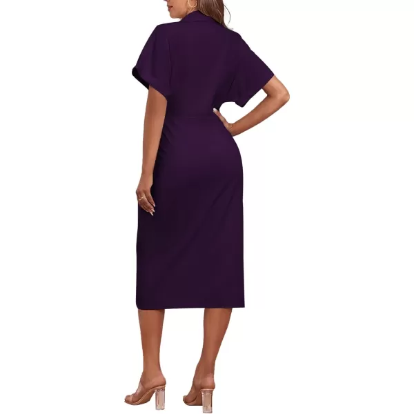 LYANER Women's Collar Button Down Ruched Self Tie Short Sleeve Midi Dress