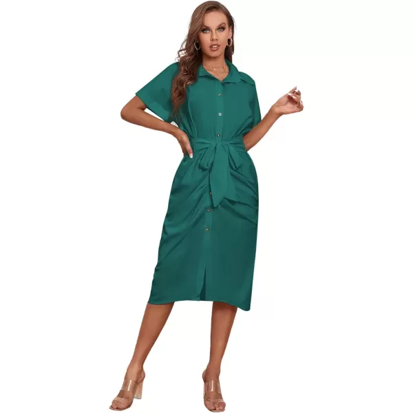 LYANER Women's Collar Button Down Ruched Self Tie Short Sleeve Midi Dress