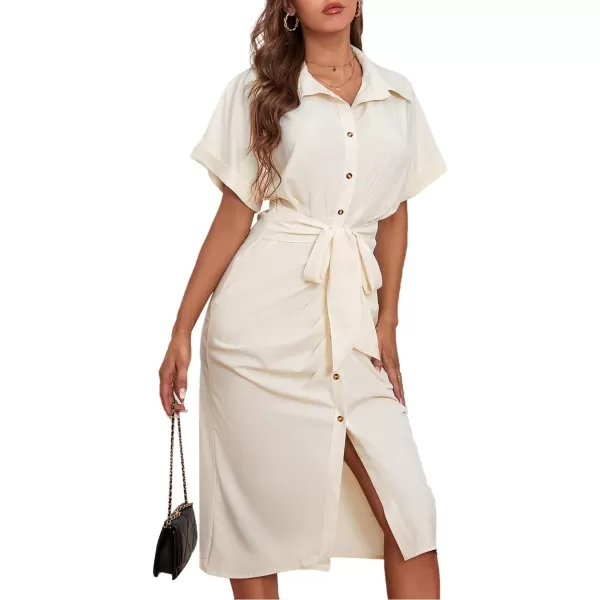 LYANER Women's Collar Button Down Ruched Self Tie Short Sleeve Midi Dress