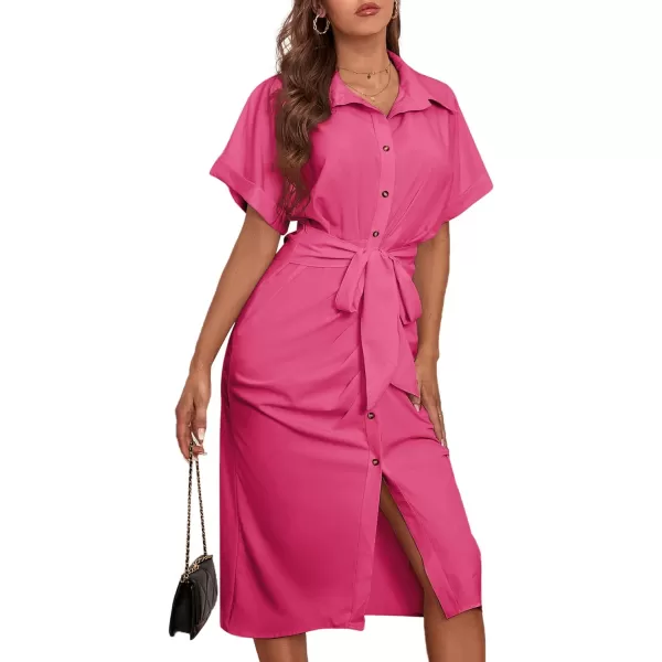 LYANER Women's Collar Button Down Ruched Self Tie Short Sleeve Midi Dress