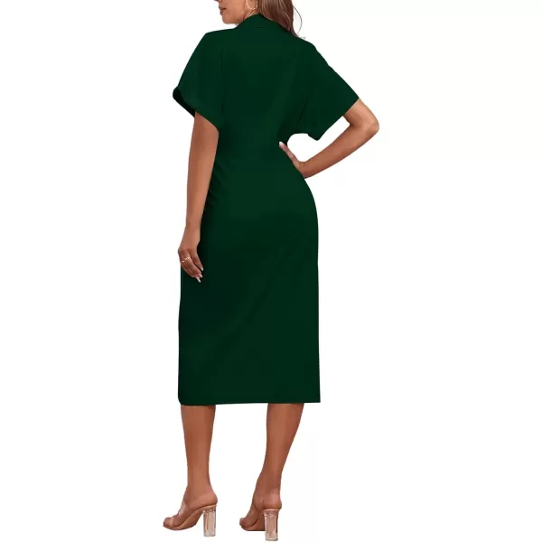 LYANER Women's Collar Button Down Ruched Self Tie Short Sleeve Midi Dress