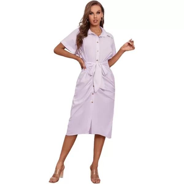 LYANER Women's Collar Button Down Ruched Self Tie Short Sleeve Midi Dress