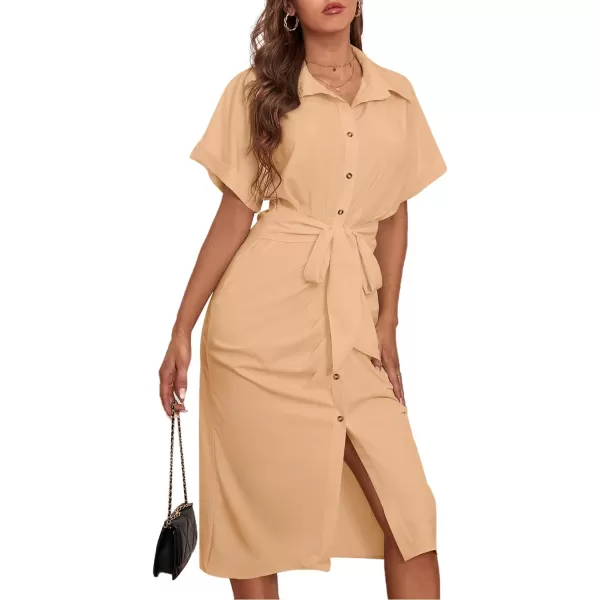 LYANER Women's Collar Button Down Ruched Self Tie Short Sleeve Midi Dress