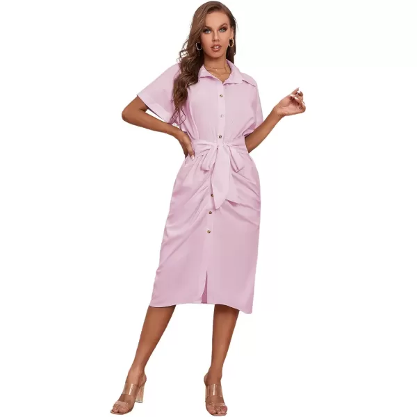 LYANER Women's Collar Button Down Ruched Self Tie Short Sleeve Midi Dress