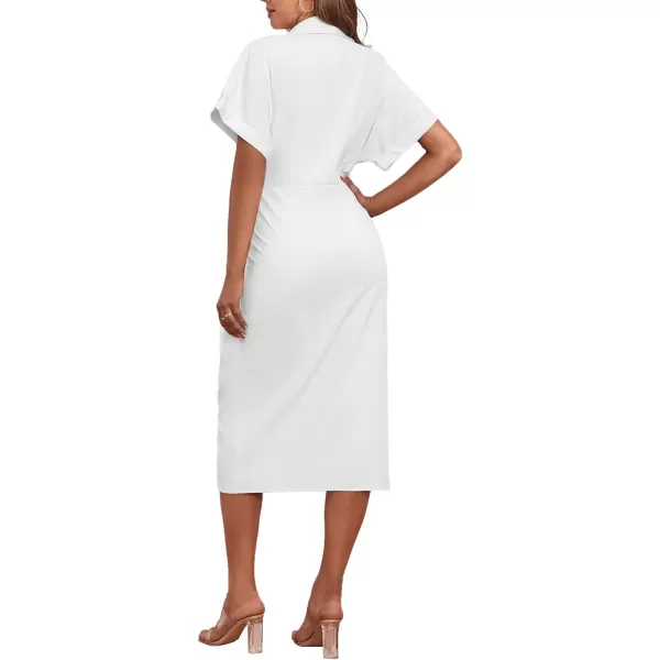 LYANER Women's Collar Button Down Ruched Self Tie Short Sleeve Midi Dress
