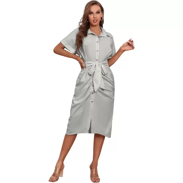 LYANER Women's Collar Button Down Ruched Self Tie Short Sleeve Midi Dress
