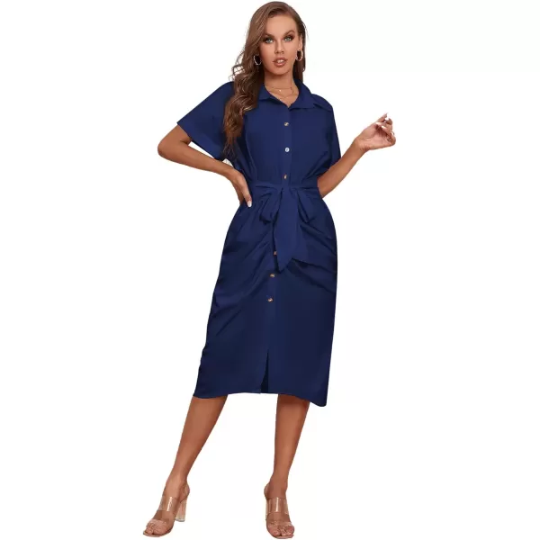 LYANER Women's Collar Button Down Ruched Self Tie Short Sleeve Midi Dress