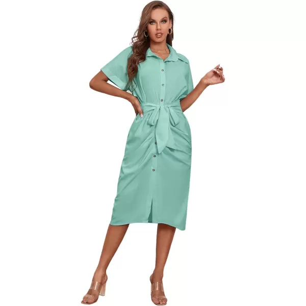 LYANER Women's Collar Button Down Ruched Self Tie Short Sleeve Midi Dress