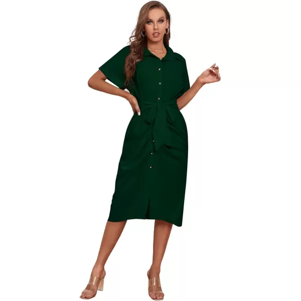 LYANER Women's Collar Button Down Ruched Self Tie Short Sleeve Midi Dress