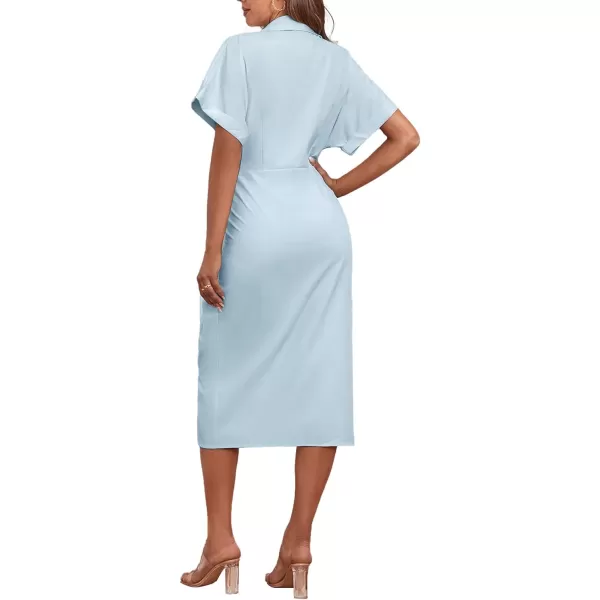 LYANER Women's Collar Button Down Ruched Self Tie Short Sleeve Midi Dress