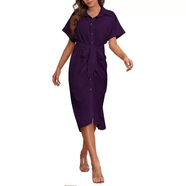 LYANER Women's Collar Button Down Ruched Self Tie Short Sleeve Midi Dress
