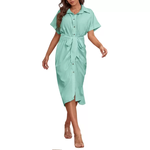 LYANER Women's Collar Button Down Ruched Self Tie Short Sleeve Midi Dress