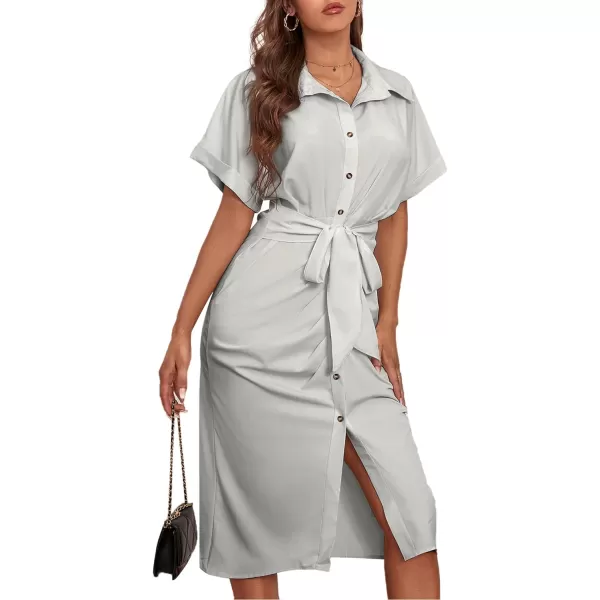 LYANER Women's Collar Button Down Ruched Self Tie Short Sleeve Midi Dress