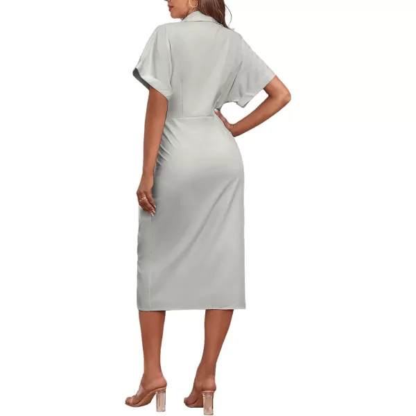 LYANER Women's Collar Button Down Ruched Self Tie Short Sleeve Midi Dress