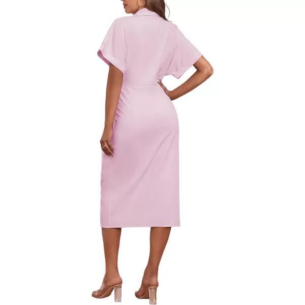 LYANER Women's Collar Button Down Ruched Self Tie Short Sleeve Midi Dress