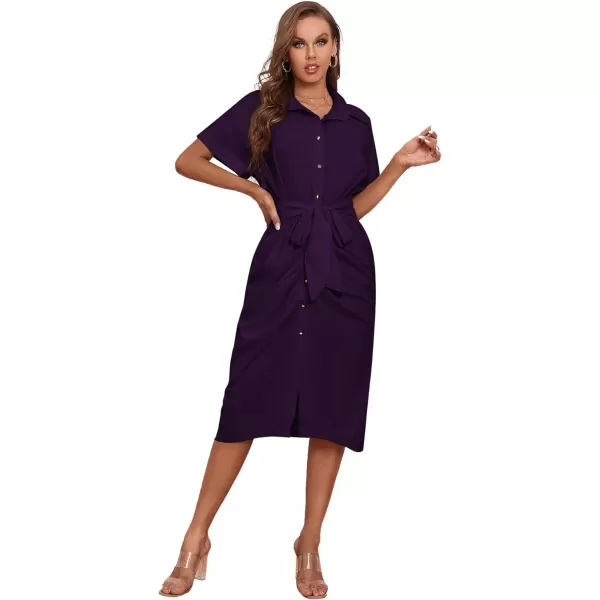 LYANER Women's Collar Button Down Ruched Self Tie Short Sleeve Midi Dress