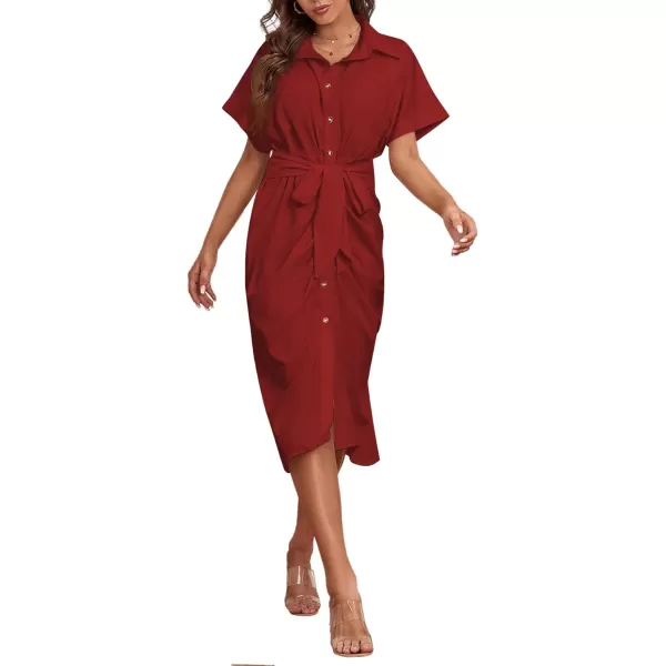 LYANER Women's Collar Button Down Ruched Self Tie Short Sleeve Midi Dress