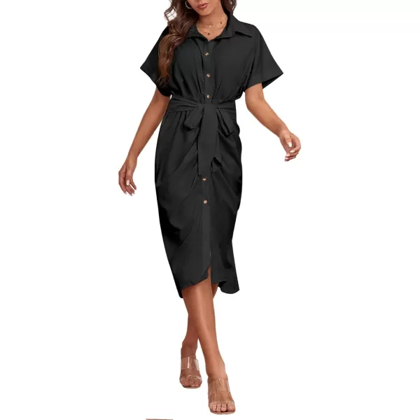 LYANER Women's Collar Button Down Ruched Self Tie Short Sleeve Midi Dress