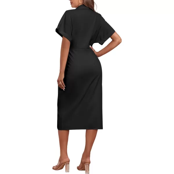 LYANER Women's Collar Button Down Ruched Self Tie Short Sleeve Midi Dress
