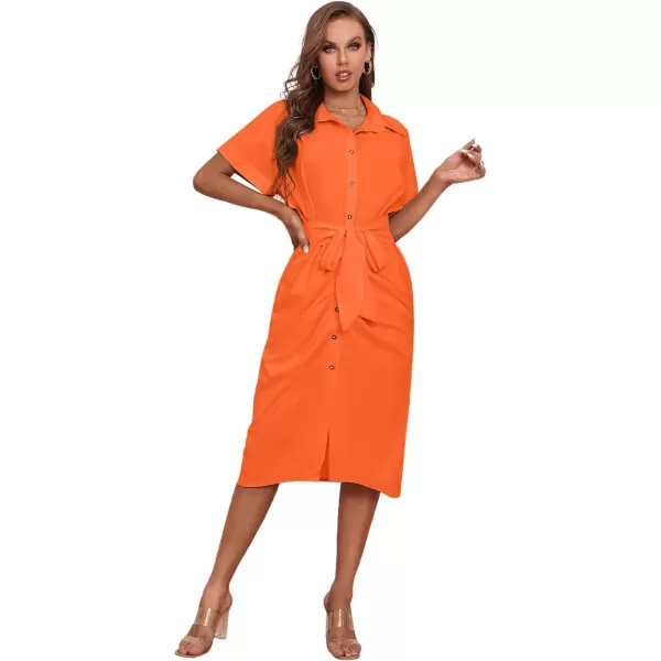 LYANER Women's Collar Button Down Ruched Self Tie Short Sleeve Midi Dress