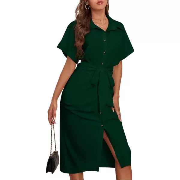 LYANER Women's Collar Button Down Ruched Self Tie Short Sleeve Midi Dress