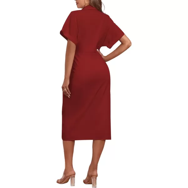 LYANER Women's Collar Button Down Ruched Self Tie Short Sleeve Midi Dress