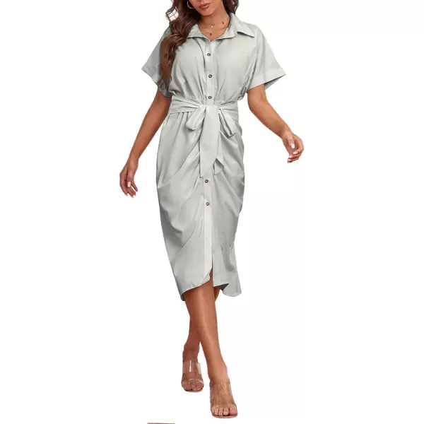 LYANER Women's Collar Button Down Ruched Self Tie Short Sleeve Midi Dress