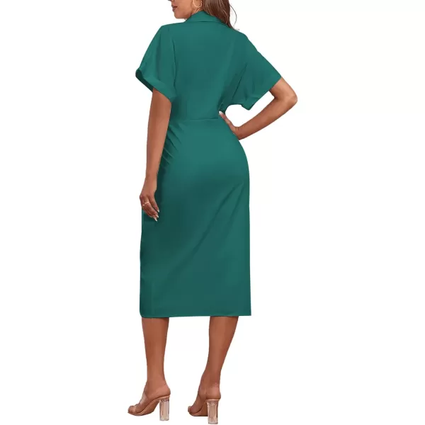 LYANER Women's Collar Button Down Ruched Self Tie Short Sleeve Midi Dress