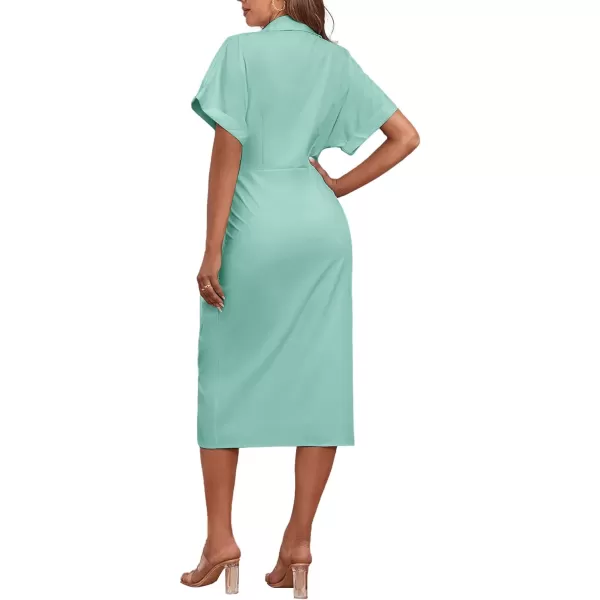 LYANER Women's Collar Button Down Ruched Self Tie Short Sleeve Midi Dress