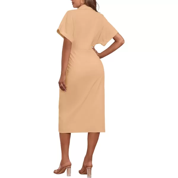 LYANER Women's Collar Button Down Ruched Self Tie Short Sleeve Midi Dress