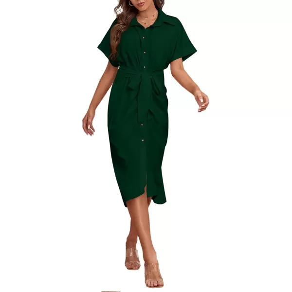 LYANER Women's Collar Button Down Ruched Self Tie Short Sleeve Midi Dress