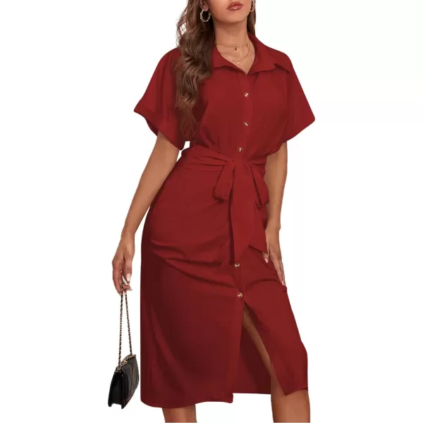 LYANER Women's Collar Button Down Ruched Self Tie Short Sleeve Midi Dress