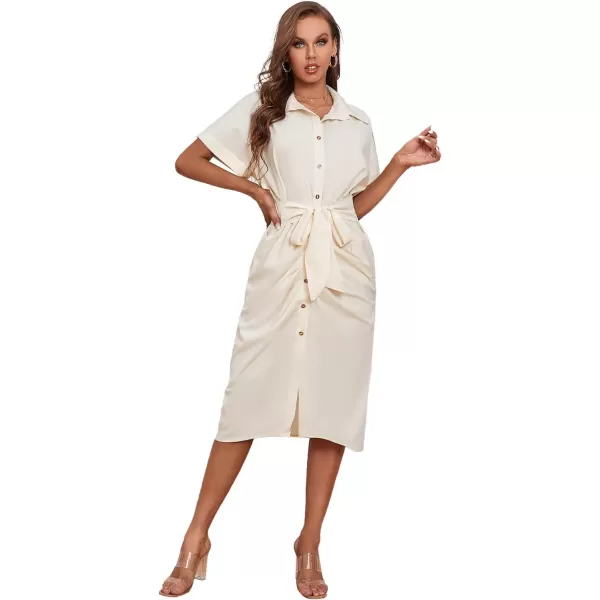 LYANER Women's Collar Button Down Ruched Self Tie Short Sleeve Midi Dress