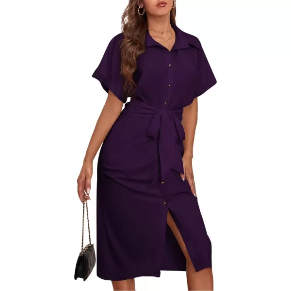 LYANER Women's Collar Button Down Ruched Self Tie Short Sleeve Midi Dress