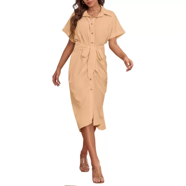 LYANER Women's Collar Button Down Ruched Self Tie Short Sleeve Midi Dress
