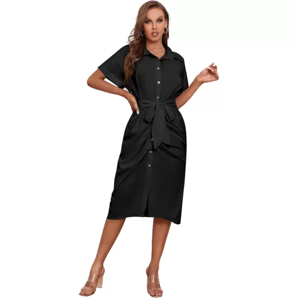 LYANER Women's Collar Button Down Ruched Self Tie Short Sleeve Midi Dress